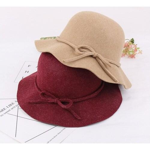 Newly Retro Autumn Winter Vintage Wool Cap Lady Large Brim Sunscreen Bucket Hats With Dome Wave Solid Bowler Floppy Fedora Hats