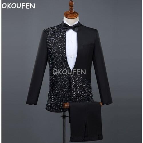 New Mens personality cool black Sequins suits bar singer the host Stage costume ceremonial formal dress performance suit