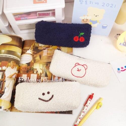 Smile Embroidered Lamb Plush Pencil Bag Cute Korea Soft Pencilcase School Office Stationery Supplies Kawaii Gift For Children