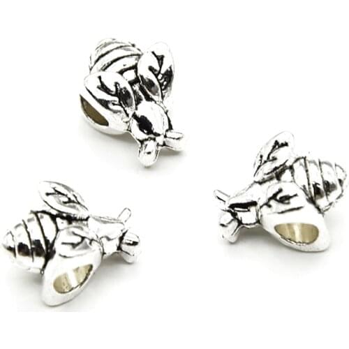 8pcs Wholesale Antique Silver 4mm Big Hole Bee Beads Charms Alloy Metal Pendants For DIY Bracelet Jewelry Accessories Making