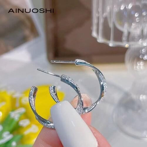 AINUOSHI 100% 925 Sterling Silver Twisted C-shaped Stud Earrings for Women Vintage Elegant Hook Earrings Bride Jewelry Pendiente