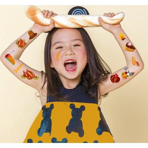 12PCS Thanksgiving Tattoo Sticker Fake Temporary Waterproof Cartoon Body Transfer Pumpkin Turkey Decorate Arms Leg Kid Toy Gift