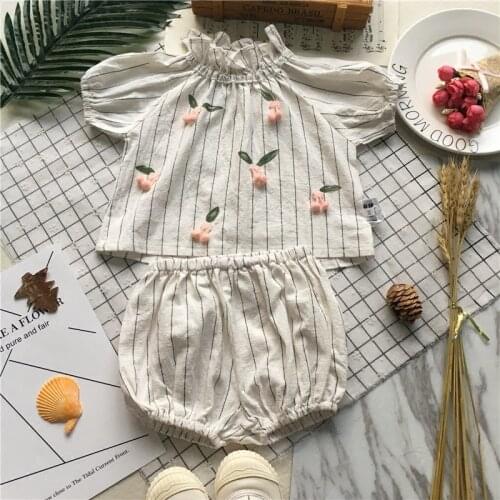Tonytaobaby Summer Wear New Style Baby Girls Cherry Vertical Striped GIRLS Suit Two-Piece Set