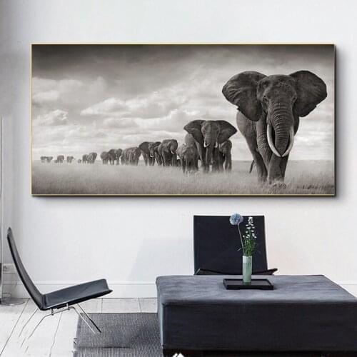Wild Animals Canvas Painting Black Africa Elephants Queue Poster And Prints Scandinavian Wall Art For Living Room Decor