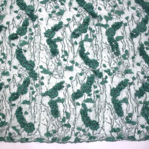 Green 3D Flower HandMade Beaded Tulle Lace Pearls Net Fabrics With Sequins For Collection HY0953