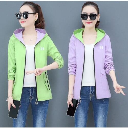 2020 Autumn Women Jacket Fashion Hooded Print Two Side Wear Outwear women Loose Bomber Coat female Windbreaker Plus Size 5XL 498