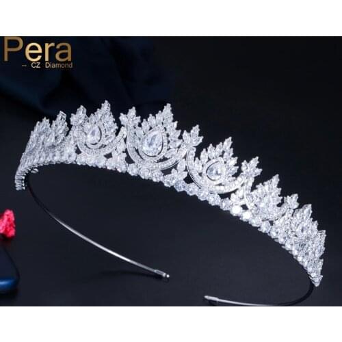 Pera High Quality Cubic Zirconia Large Waterdrop Ornament Shiny CZ Wedding Pageant Tiara and Crowns Hair Jewelry for Brides H027