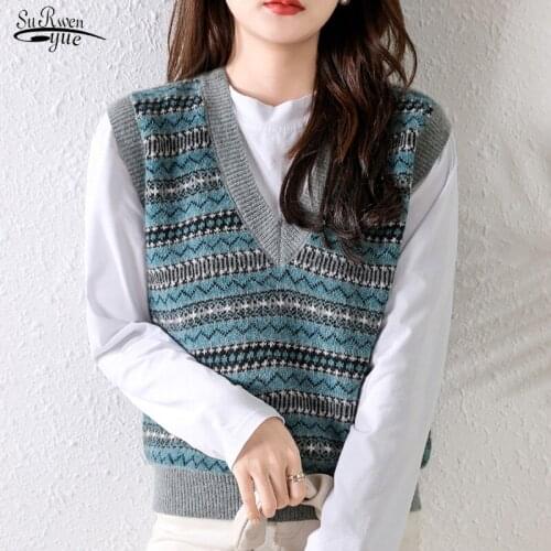 Vintage Sleeveless Wool Pullover Sweater Vest Female Print Plaid Casual Sweaters Autumn Winter Knitted Vest Sweater Women 16320