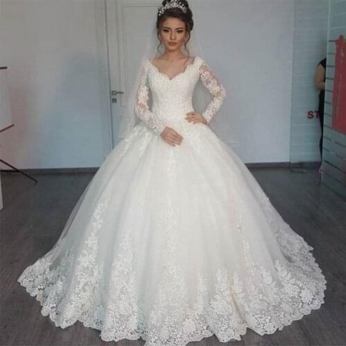 Vestido De Noiva Long Sleeve V Neck Vintage Ball Gown Wedding Dress 2021 Bridal Tulle Mariage