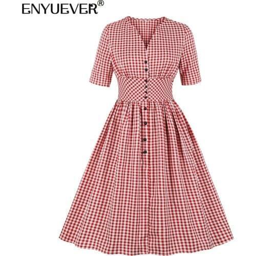 Enyuever Elegant Women Summer Dress Vintage Clothes High Waist Short Sleeve Button Up Robe Pin Up Swing Red Plaid Casual Dress