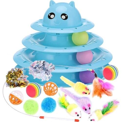 14 Pack Cat Toys Interactive for Indoor Cats Kitten Toy Fun Roller Exerciser 3 Level Cat Teaser Ball Toys Cat Feather Wand Toy