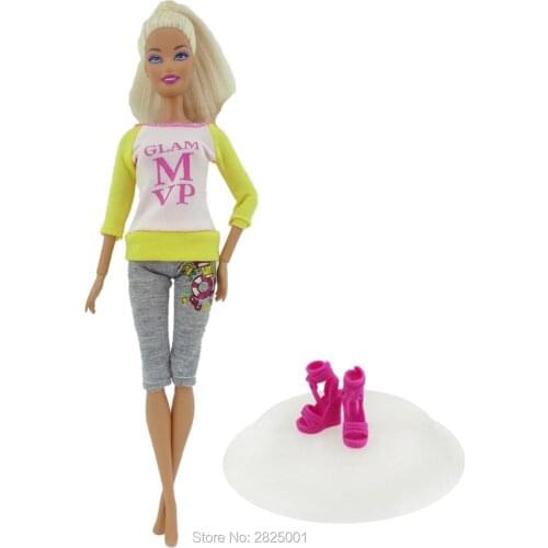 2 Items = 1x Pink High Heel Shoes + 1x Outfit T-Shirt Blouse Pants Clothing Casual Daily Wear Sport Clothes for Barbie Doll Toys