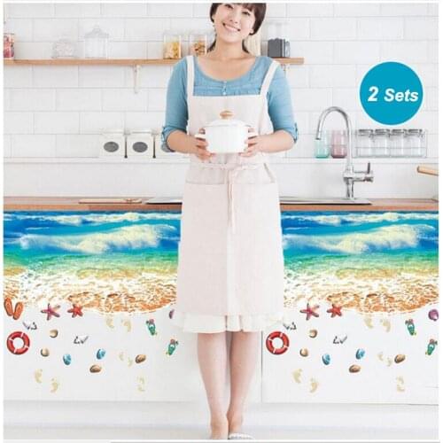 3d Romantic Blue Beach Wall Stickers Living Room Entrance Kitchen Bedroom Bathroom Floor Sticker PVC Waterproof Wall Decals