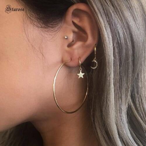 Starose 5pcs Moon Star Big Circle Hoop Earrings for Women Ear Piercing Helix Piercing Tragus Piercing Loop Earrings Body Jewelry