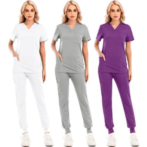 Women Blouses Short Sleeve Tops+pants Nursing Working Uniform With Pocket Set V-neck Shirt Overalls Women Nursing Clothes #T1G