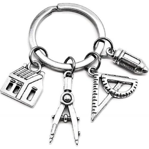 Creative Metal Keyring House Compass Ruler Real Estate Architect Engineer Engineering Student Drawing Keychain