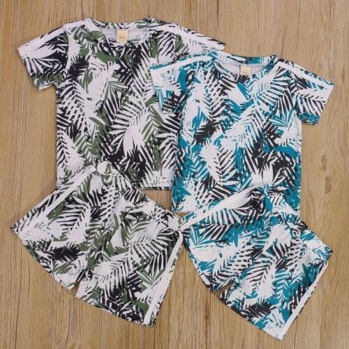 OPPERIAYA 2Pc Kids Casual Set Baby Boys Leaf Print Round Neck Short Sleeve T-Shirt Short Pants for Summer Green Blue 0-3 Years