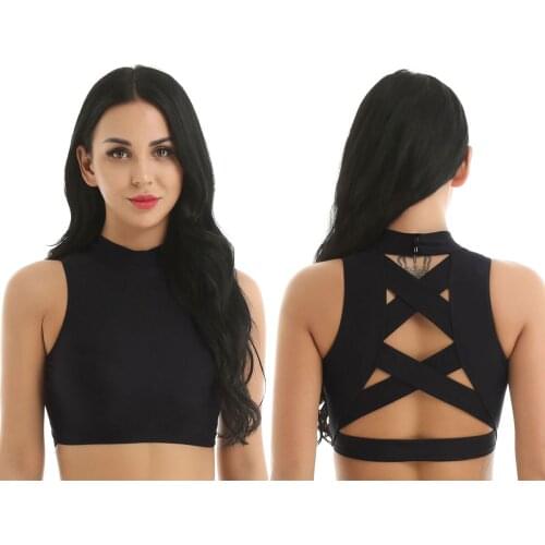 Women Sleeveless Hollow Out Cross Strappy Back Tank Crop Top Gym Sports Dancewear Gymnastics Ballet Top Dance Practice Costume