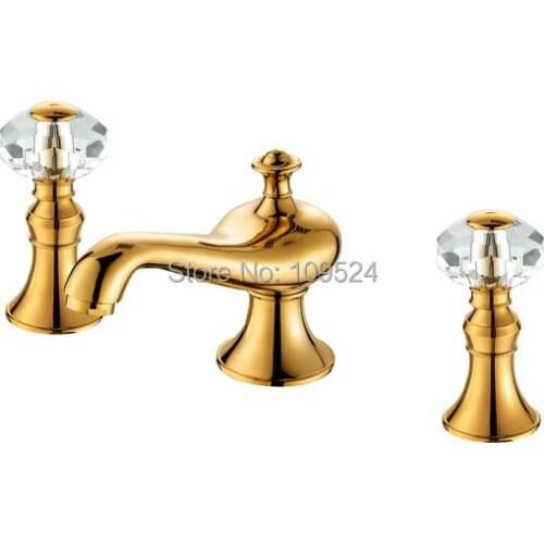 EMS(DHL)Free shipping PVD GOLD WIDESPREAD LAVATORY BATHROOM SINK FAUCET crystal handles knobs faucet