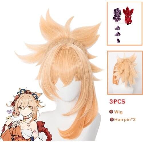 Genshin Impact Yoimiya Cosplay Wig Hairpins Frolicking Flames Cosplay Gradient Wigs Inazuma Girls Hair + Free Wig Cap Halloween