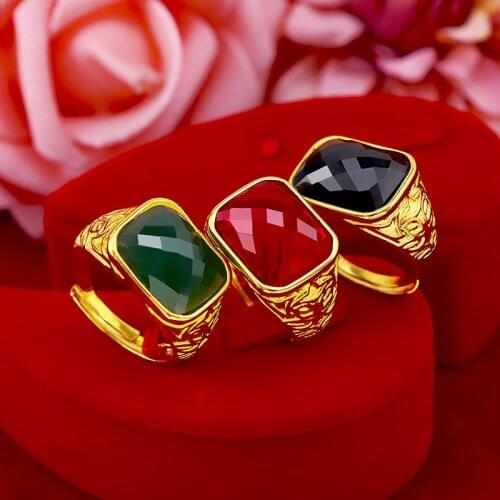 Luxury Fashion 14K Gold Ring for Men Wedding Engagement Jewelry with Big Gemstone Green Emerald Ring Red Jade Stone Male Gifts