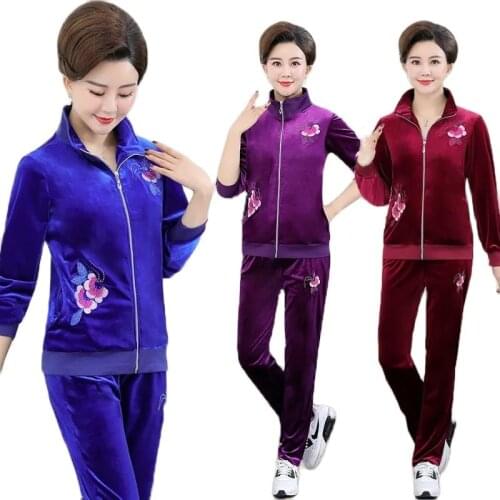 Middle-Aged Elderly Mothers Golden Velvet Movement Clothing Spring Autumn Two-Piece Suit Large Size Sweater Casual Ladies Coats