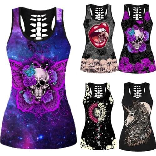 Tank Top Women 3D Skull Print Vest Hollow Out Camisole Tops Ladies Casual Gym Workout Tees Summer Fashion Gothic Clothes 2021