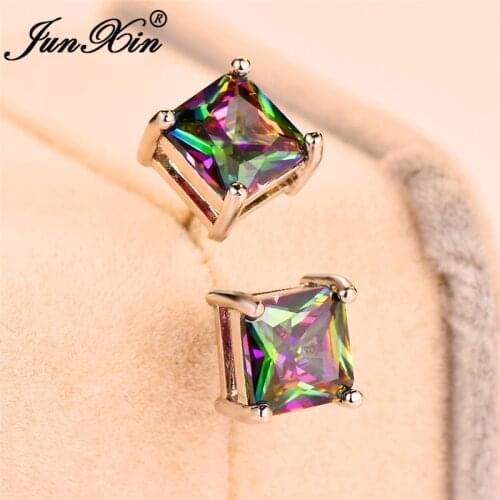 Female Male Rainbow Crystal Princess Square Stud Earrings For Men Women Wedding Ear Studs Stacking Bone Earrings Jewelry