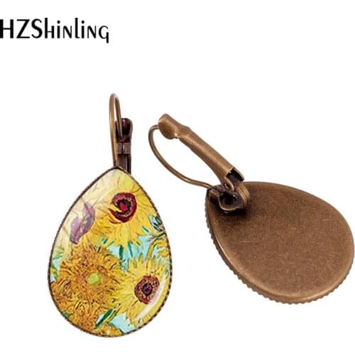 2019 New Van Gogh Sunflower Tear Drop Ear Clip Art Sunflowers Earring Clips Glass Dome Jewelry