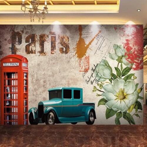 Self-Adhesive Waterproof Wallpaper Retro Car Red Telephone Booth Flowers Oil Paintings Wall Sticker Restaurant Cafe 3D Frescoes