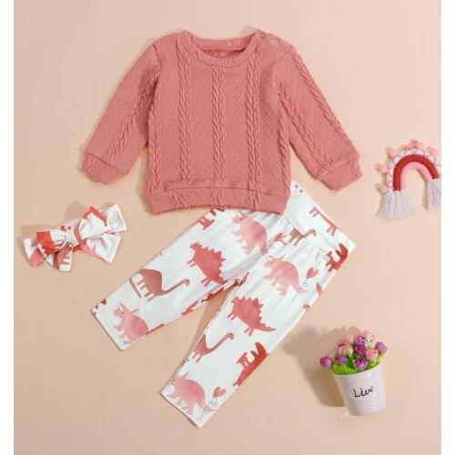 0-3Y Autumn Baby Clothing Newborn Infant Girls Round-Neck Long Sleeves Knit Sweater Top Dinosaur Print Pants Hairband 3pcs Sets