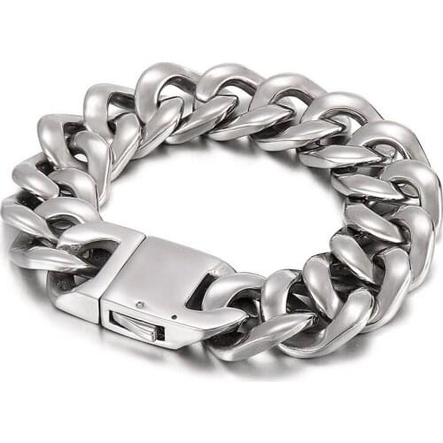 19mm Heavy Mens Curb Cuban Link Bracelet Punk Rock Silver Color 316L Stainless Steel Biker Wristband Banlge Male Jewelry