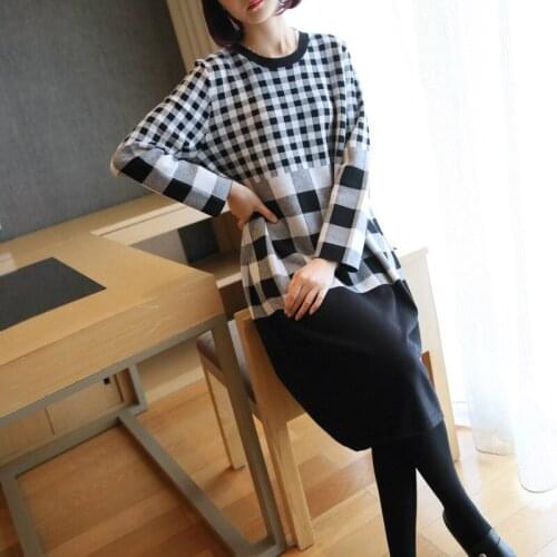 2020 Spring Winter Women Sweaters Dress Long Sleeve O-neck Print Plaid Dress Ladies Loose Knitted Pullover Sweater Women Robe