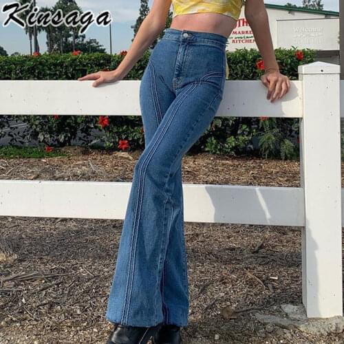 Vintage Y2k Low Rise Striped Blue Flare Jeans Women Streetwear Indie Aesthetic Egirl Long Denim Pants Harajuku Wide Leg Trousers