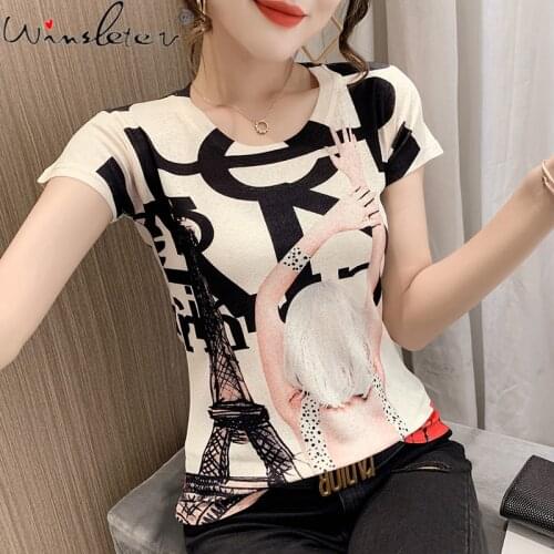 Summer Fashion European Clothes T-Shirt Print Eiffel Tower Girl Elegant Women Tops Short Shirt Street Tees 2021 New Hot T15712A