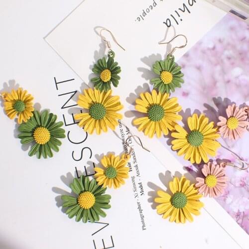 Korean Fashion Women Accessories Summer Sweet Lovely Yellow flower Tassel Geometry Dangle Earrings for Girl Cute Jewelry