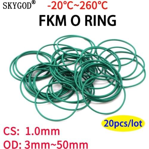 20pcs CS 1.0mm OD 3~50mm Green FKM Fluorine Rubber O Ring Sealing Gasket Insulation Oil High Temperature Resistance Green