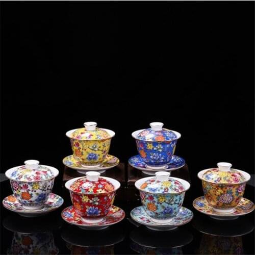 200ml Chinese Traditions Gai Wan Enamel Color Kungfu Tea Set Large Tea Bowl White Porcelain Tea Cup and Saucer Set Travel Teapot