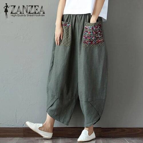 2021 ZANZEA Summer Casual Loose Long Trousers Baggy Pantalon Women Elastic Waist Retro Print Linen Cotton Harem Pants Plus Size