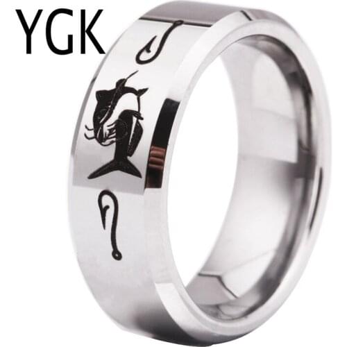 Free Shipping USA UK Canada Russia Brazil Hot Sales 8MM Catfish Fishing Ring Silver Beveled New Mens Tungsten Wedding Ring