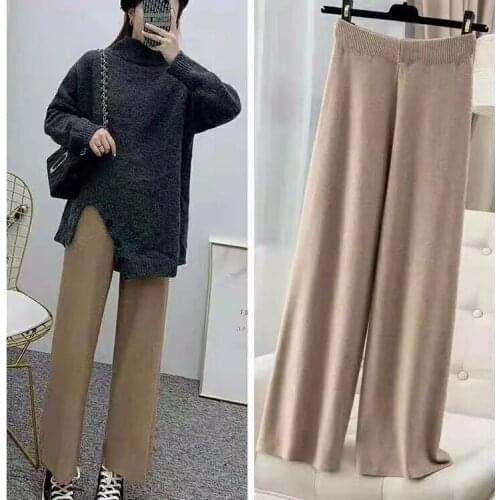 2021 New Autumn Winter Knitted Wide-leg Pants Women Thickened High Waist Drape Loose Straight Wool Pants Streetwear
