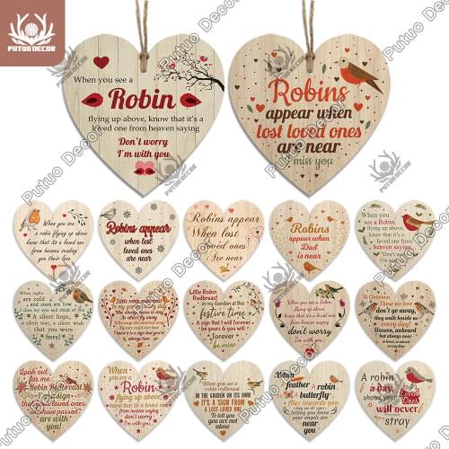 Putuo Decor Robin Sign Heart Shape Wooden Hanging Sign Friendship Plaque Crafts Ornament for Christmas Decor Gifts Wall Stickers