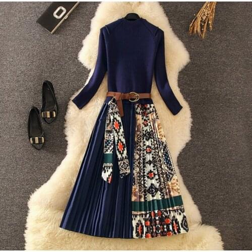 Fionto Elegant Knitted Patchwork Pleated Womens dress 2020 Fall Winter Christmas Long Sleeve Ethnic Printing Pleated Dresses