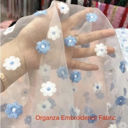 Organza Embroidery Fabric By The Meter for Wedding Dress Performance Clothing Diy Sewing Plum Pattern Lace Tulle Textile Blue