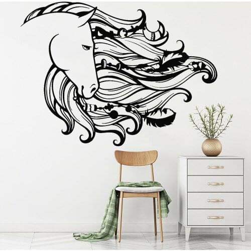 Artistic Wall Decal Horse Mane Head Animal Feathers Viny Living Room Interior Window Wall Stickers Abstract Home Decoration Z425