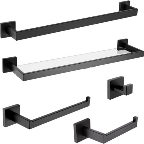 SUS 304 Stainless Steel Bathroom Hardware Set Matte Black Paper Holder Robe Hook Towel Bar Glass Shelf Bathroom Accessories