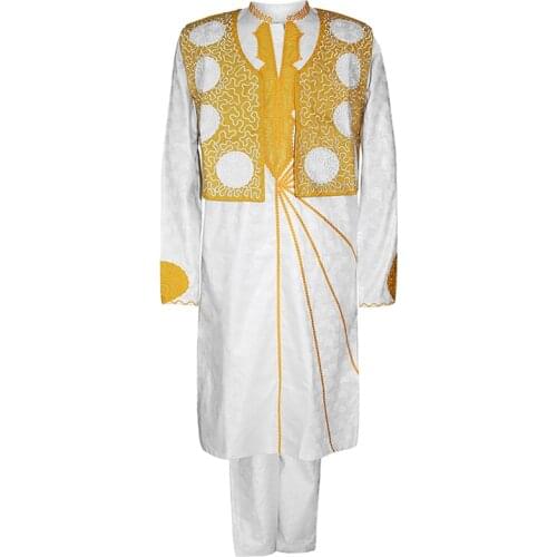 H&D White Gold Agbada African Men Bazin Riche Clothes Vest Shirt Pants 3PCS Suit Embroidery Dashiki Formal Costume Wedding Robe