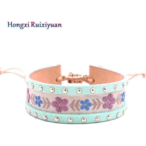 Leather bracelet bohemian hand-embroidered pattern bracelets for women romantic flower leather activity knot bracelet jewelry