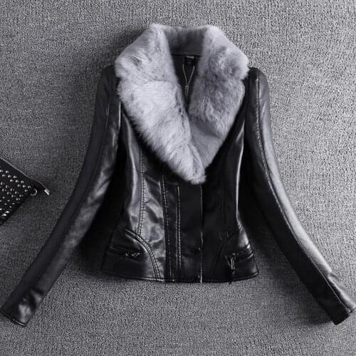 Rabbit Fur Collar PU Leather Jacket plus size 4XL