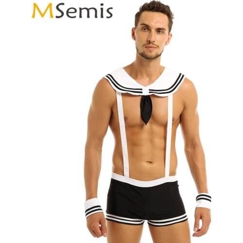 Men Erotic Sailor Lingerie Set Cosplay Naughty Uniform Sexy Suspenders Boxer Briefs with Collar Cuffs Fantasias Roleplay Costume